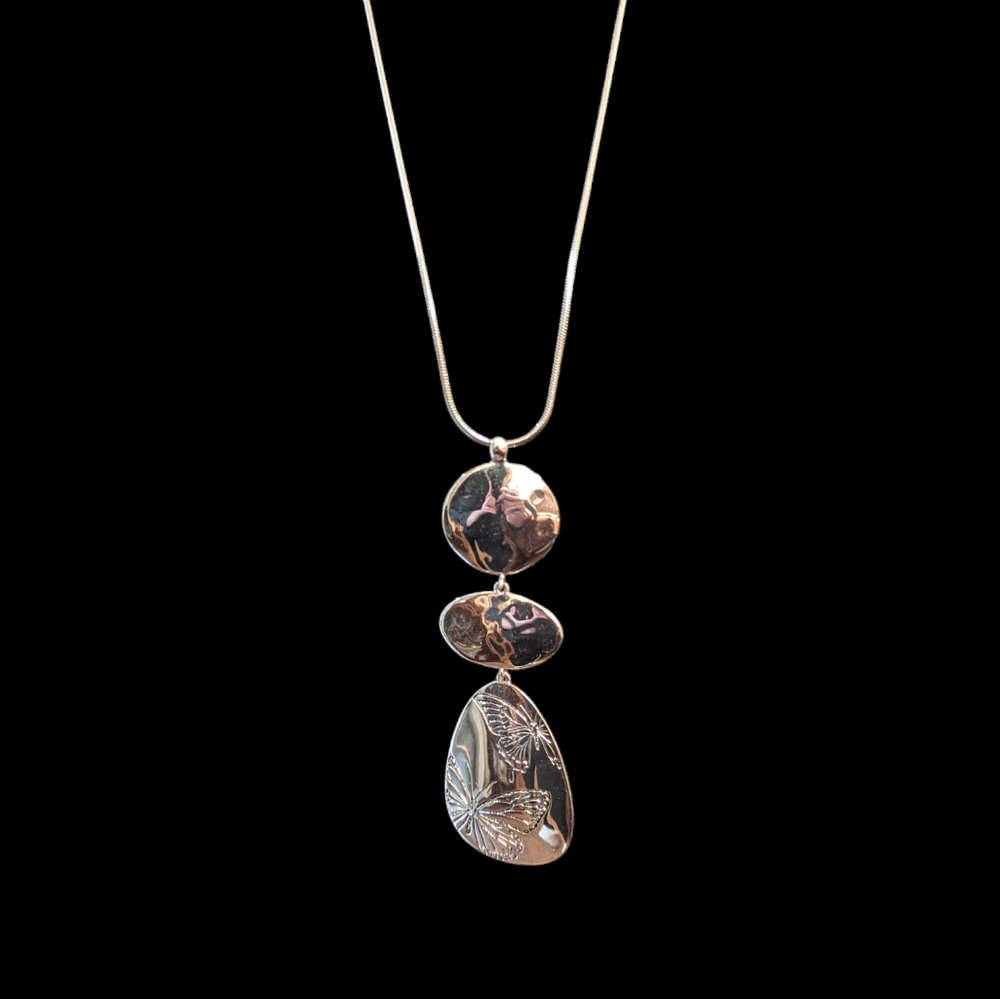 Silver Tone Statement Necklace with Black Butterfly Imprint